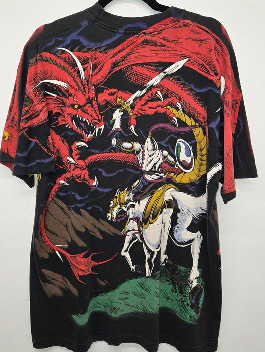 Vintage rare 1993 Liquid Blue Dragon and Knight aop double sided single stitch t shirt sz XL