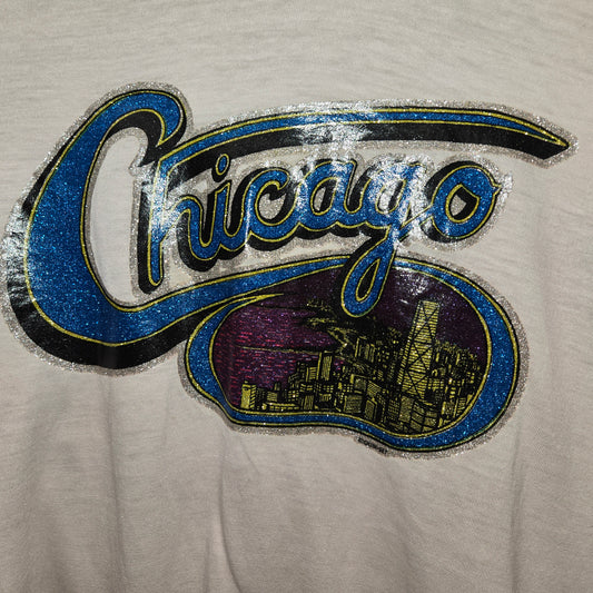 Vintage 1970s Chicago distressed sparkle logo tour rock band T-shirt sz L single stitch