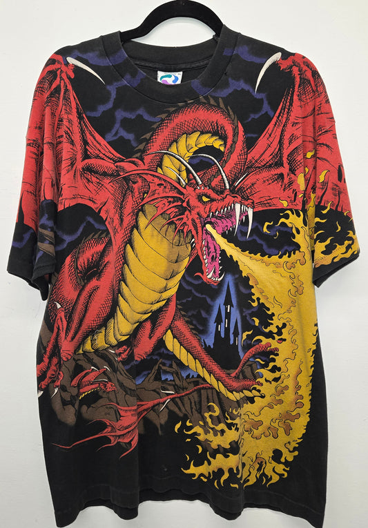 Vintage rare 1993 Liquid Blue Dragon and Knight aop double sided single stitch t shirt sz XL
