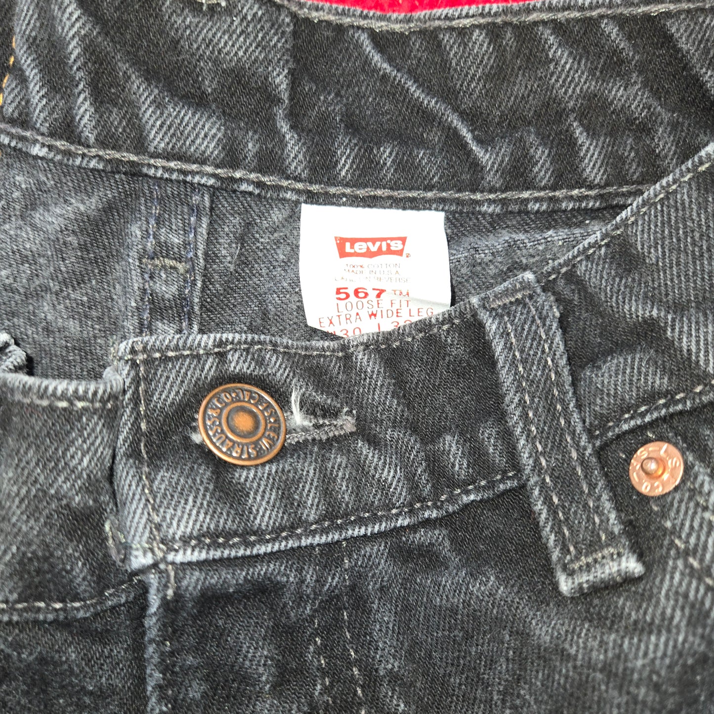 Vintage 1997 Levi's 567 red tab Faded black extra wide leg jeans sz 30x32 made in usa
