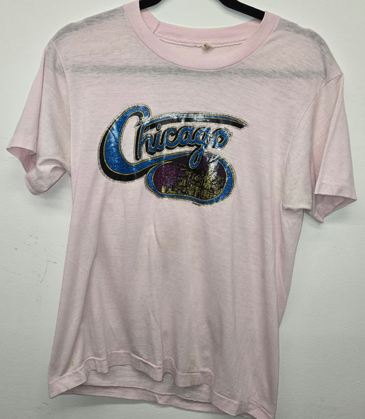 Vintage 1970s Chicago distressed sparkle logo tour rock band T-shirt sz L single stitch