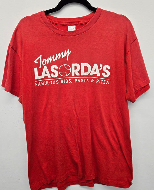 Vintage rare 1980s Tommy Lasorda's Ribs, Pasta, Pizza  single stitch t shirt sz L made in usa